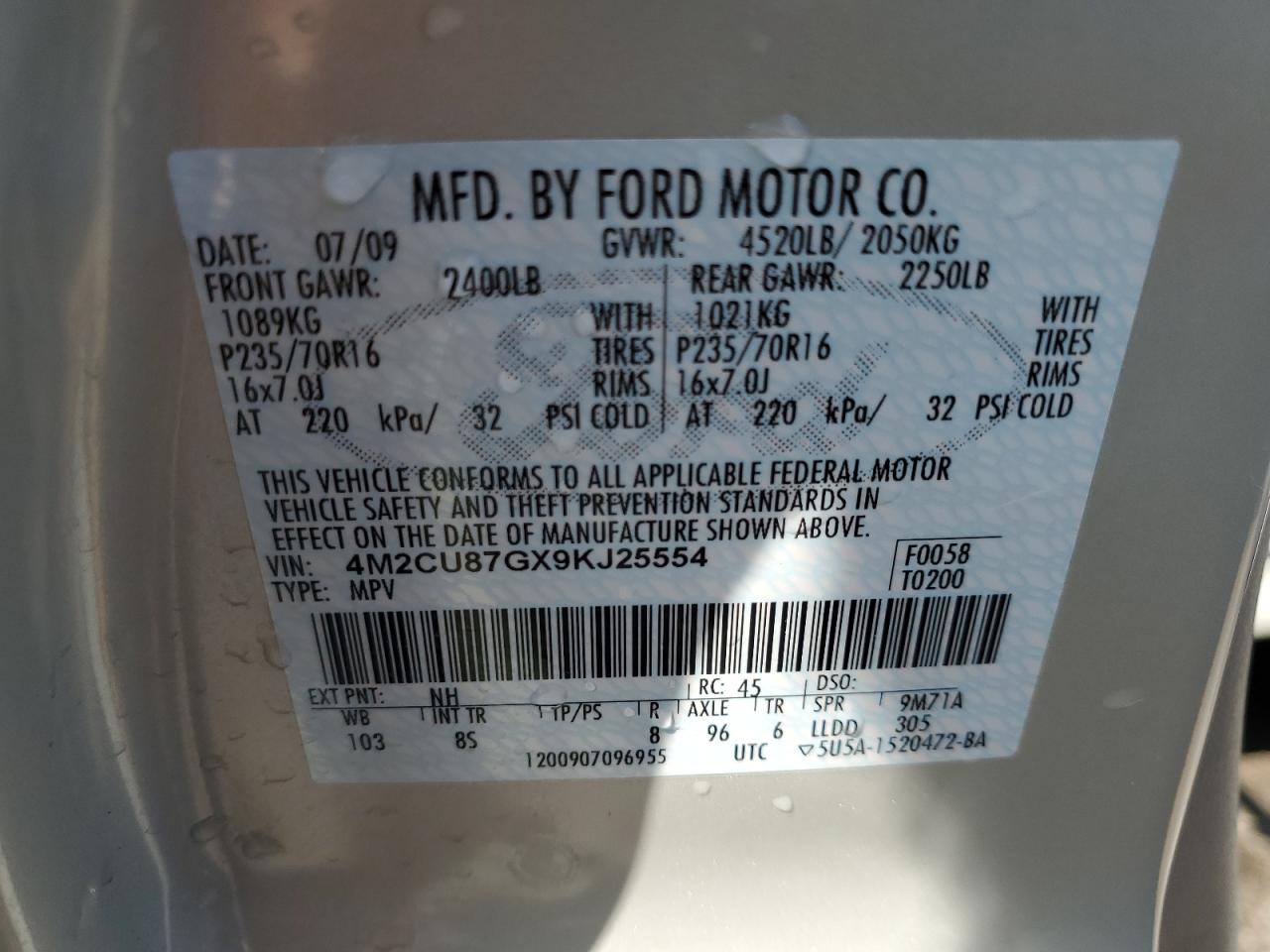 2009 Mercury Mariner Premier VIN: 4M2CU87GX9KJ25554 Lot: 59949775
