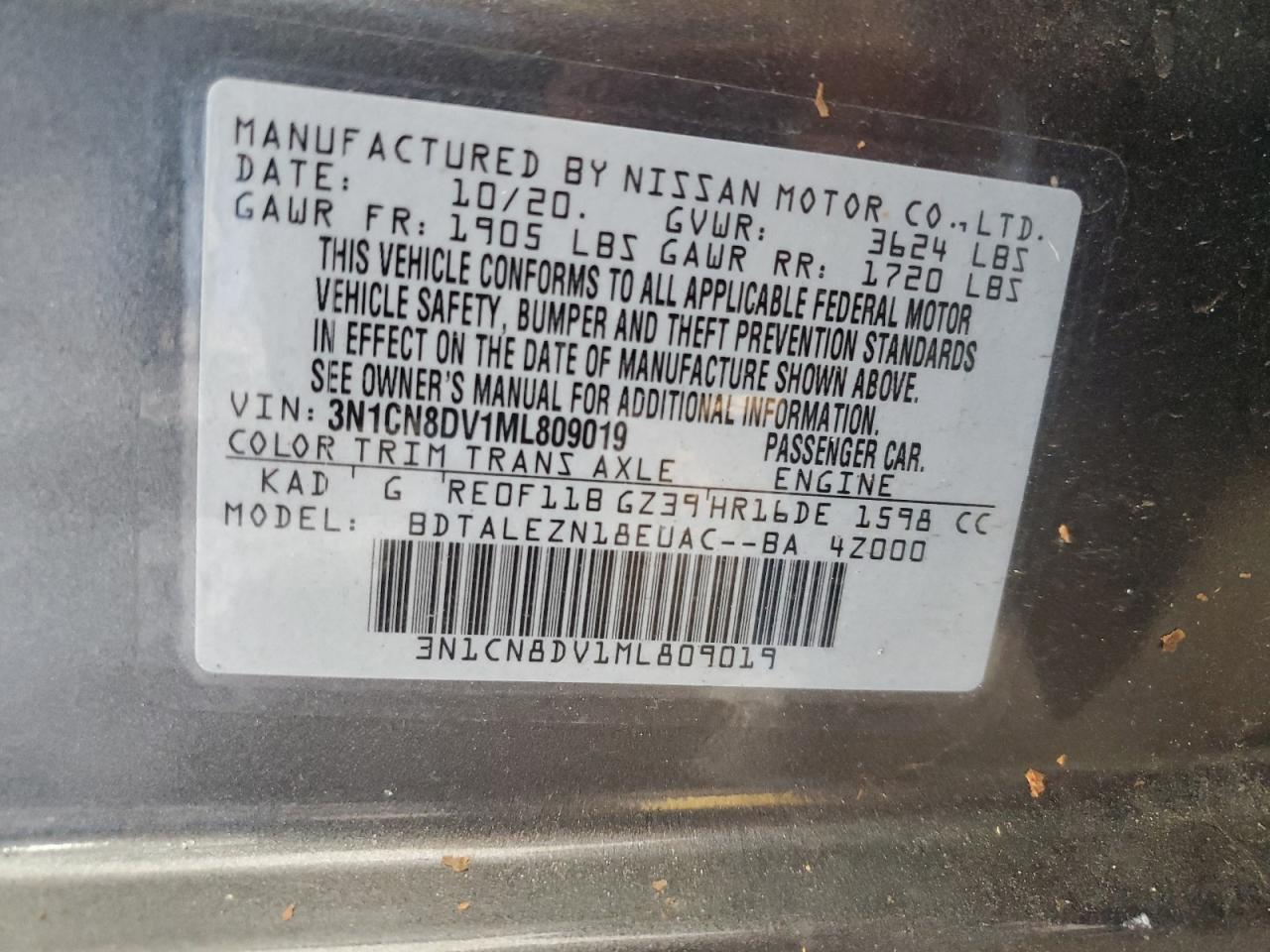 2021 Nissan Versa S VIN: 3N1CN8DV1ML809019 Lot: 62943275