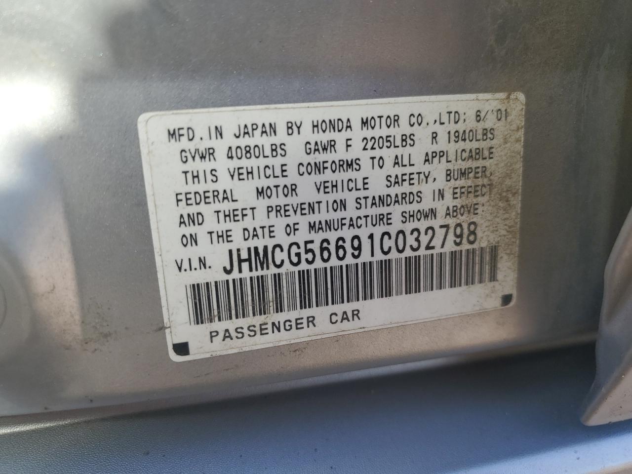 2001 Honda Accord Ex VIN: JHMCG56691C032798 Lot: 61663265
