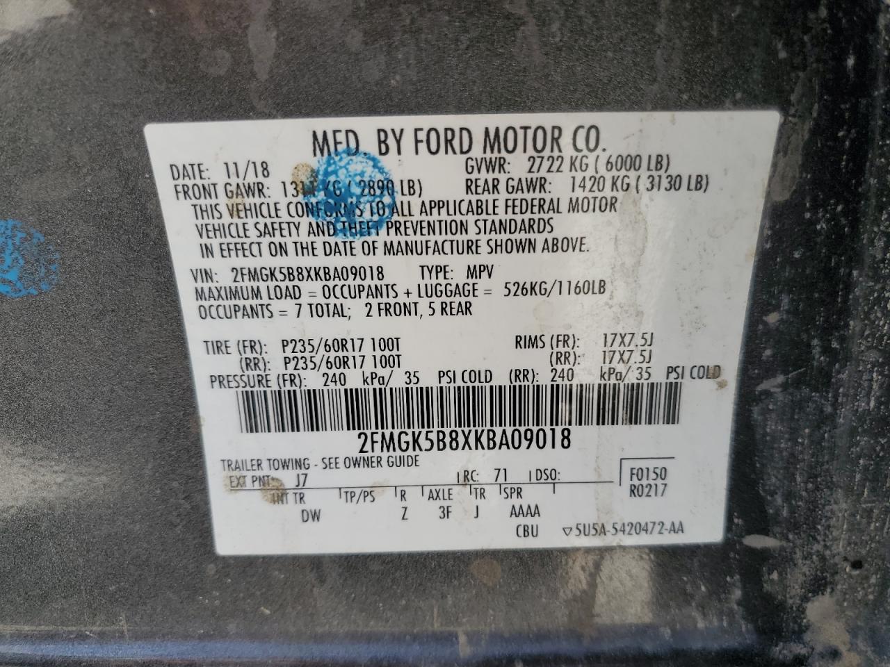 2019 Ford Flex Se VIN: 2FMGK5B8XKBA09018 Lot: 62023305