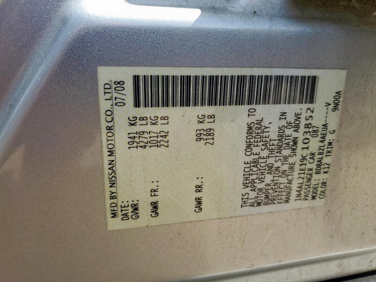 2009 Nissan Altima 2.5 VIN: 1N4AL21E19C103852 Lot: 63080015