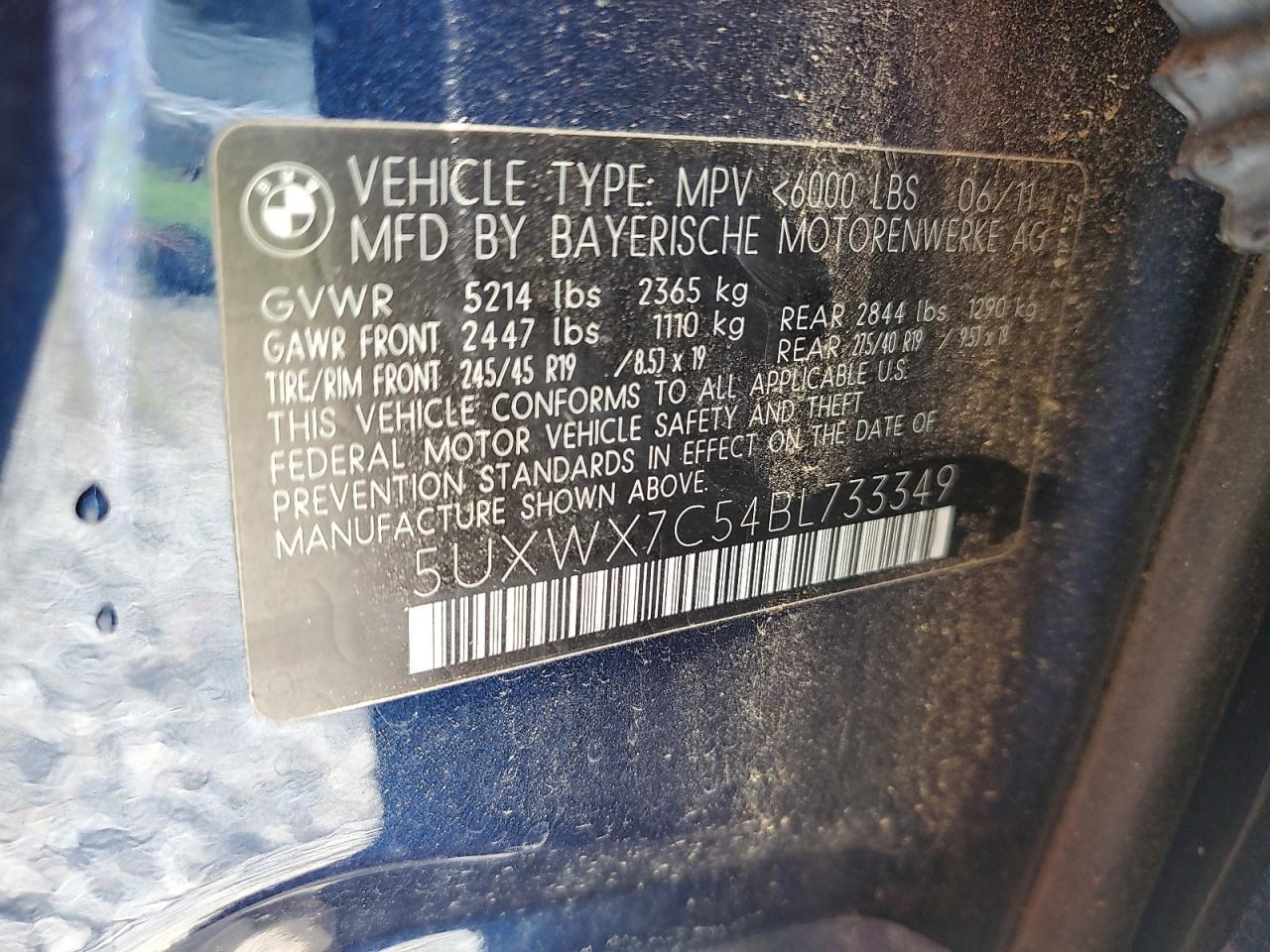 2011 BMW X3 xDrive35I VIN: 5UXWX7C54BL733349 Lot: 61164745