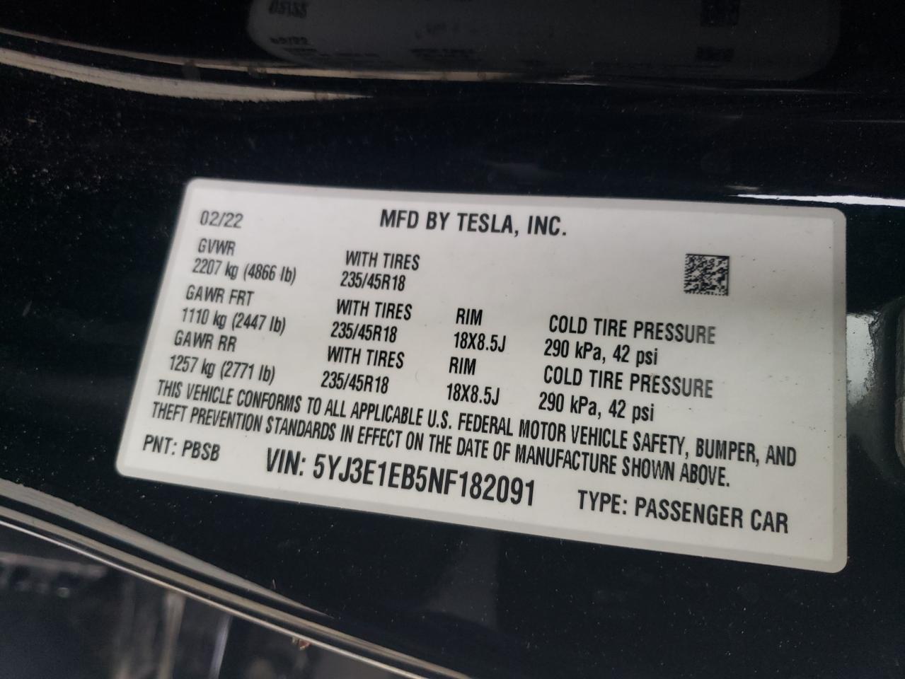 2022 Tesla Model 3 VIN: 5YJ3E1EB5NF182091 Lot: 62592265