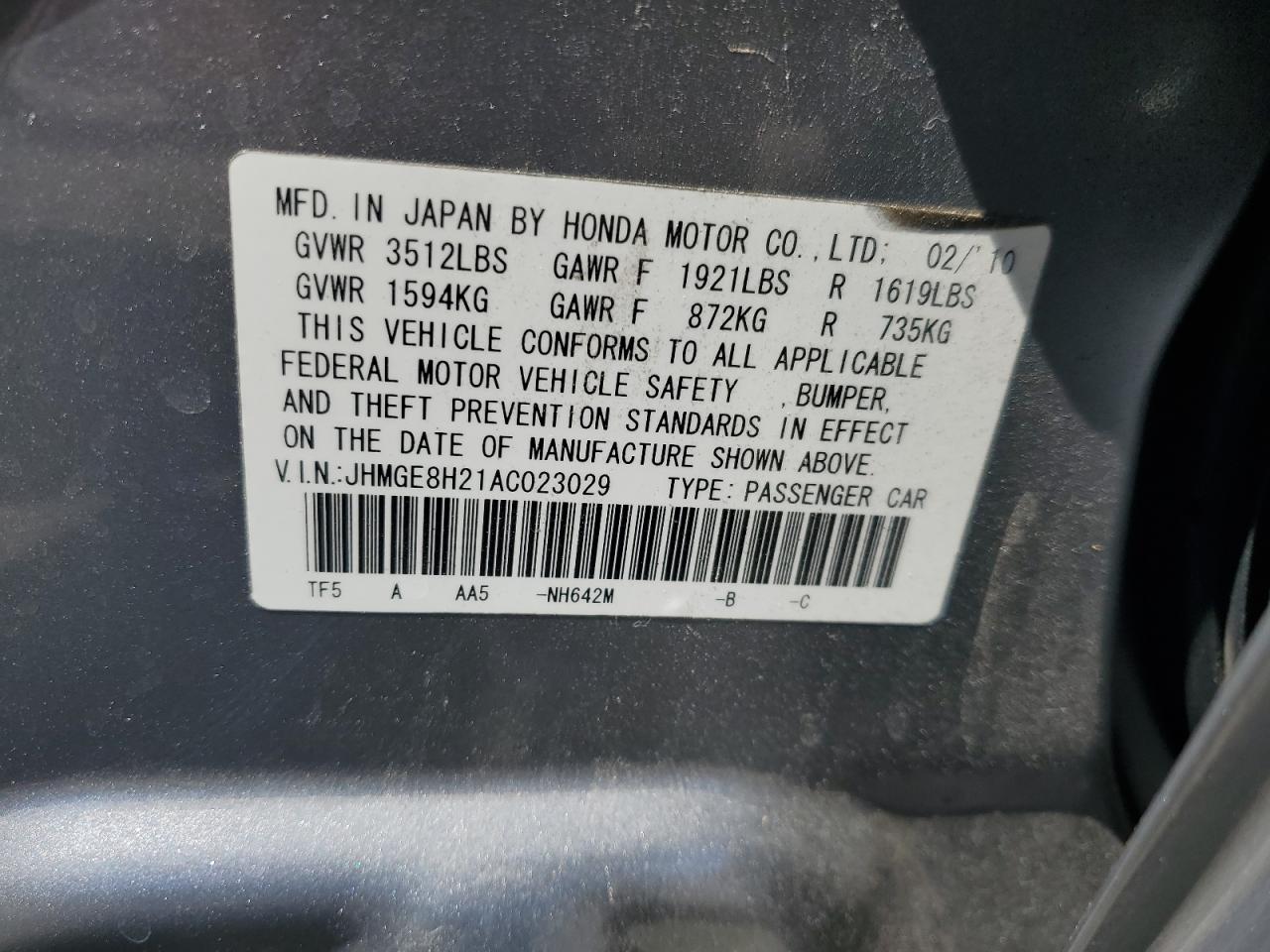 2010 Honda Fit VIN: JHMGE8H21AC023029 Lot: 63251415
