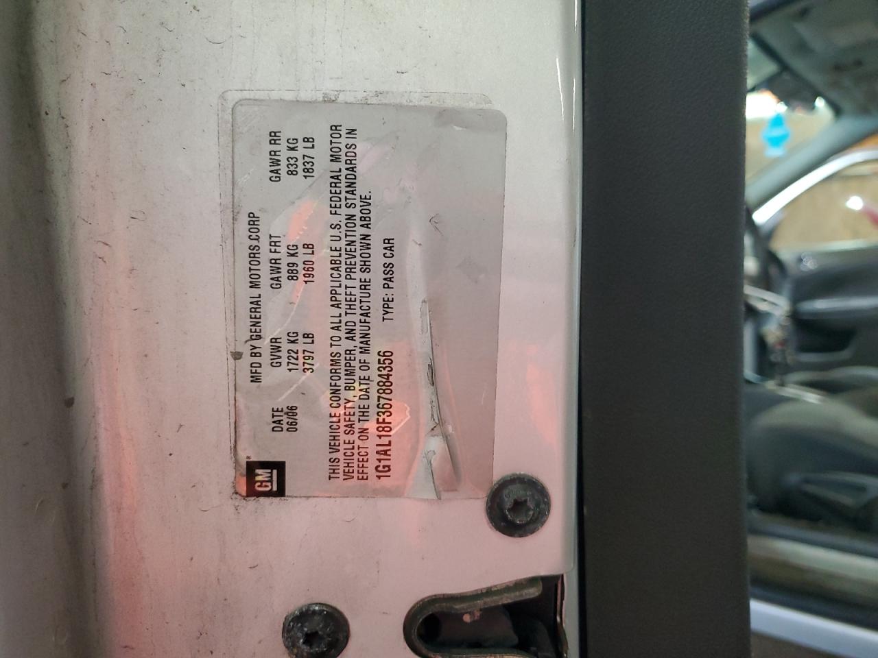 2006 Chevrolet Cobalt Lt VIN: 1G1AL18F367884356 Lot: 59491295