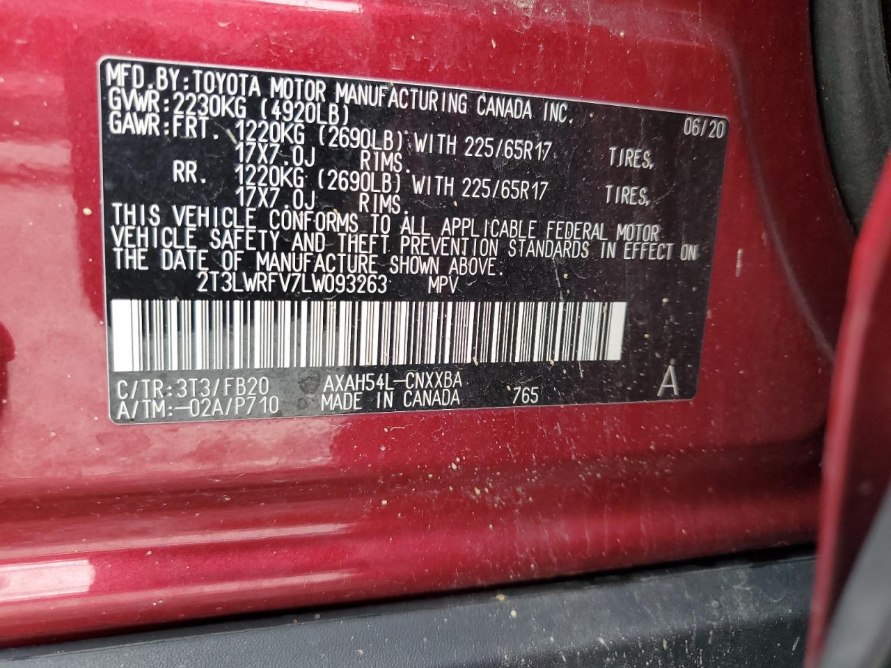 2020 Toyota Rav4 Le VIN: 2T3LWRFV7LW093263 Lot: 60972075