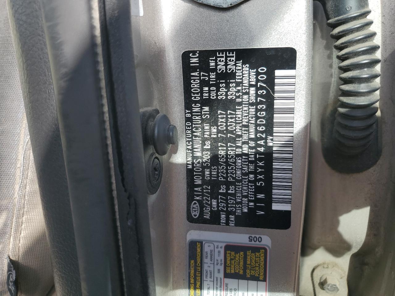 2013 Kia Sorento Lx VIN: 5XYKT4A26DG373700 Lot: 62090385