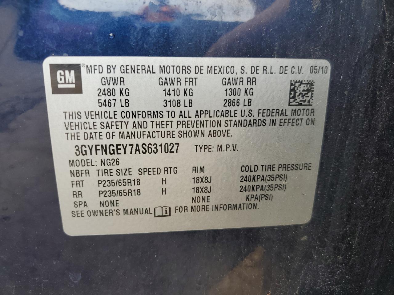 2010 Cadillac Srx VIN: 3GYFNGEY7AS631027 Lot: 61184885