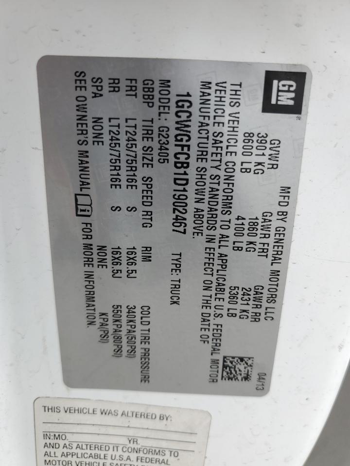 2013 Chevrolet Express G2500 VIN: 1GCWGFCB1D1902467 Lot: 60139425