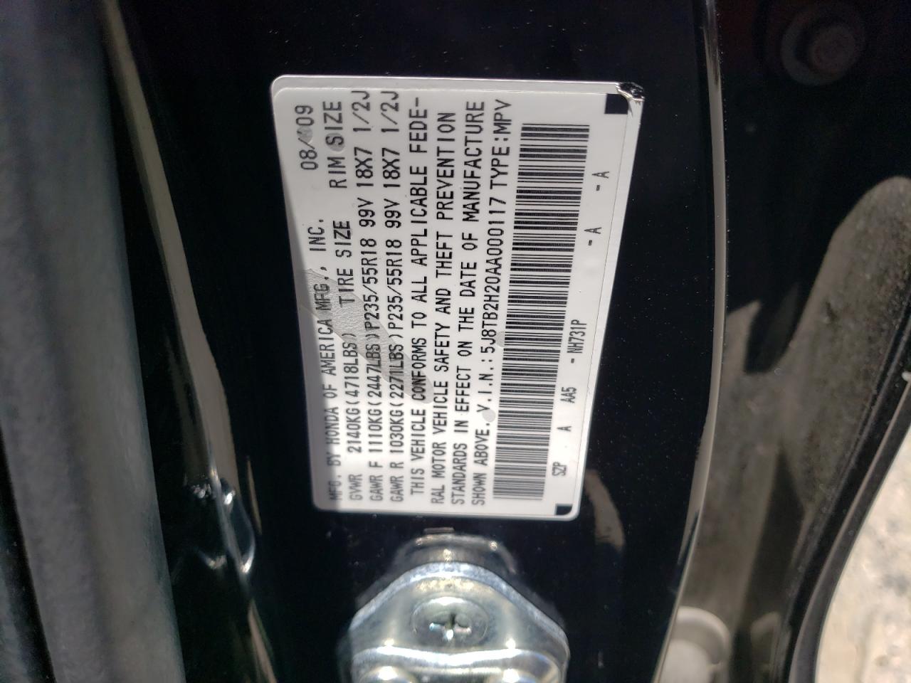 2010 Acura Rdx VIN: 5J8TB2H20AA000117 Lot: 61618385