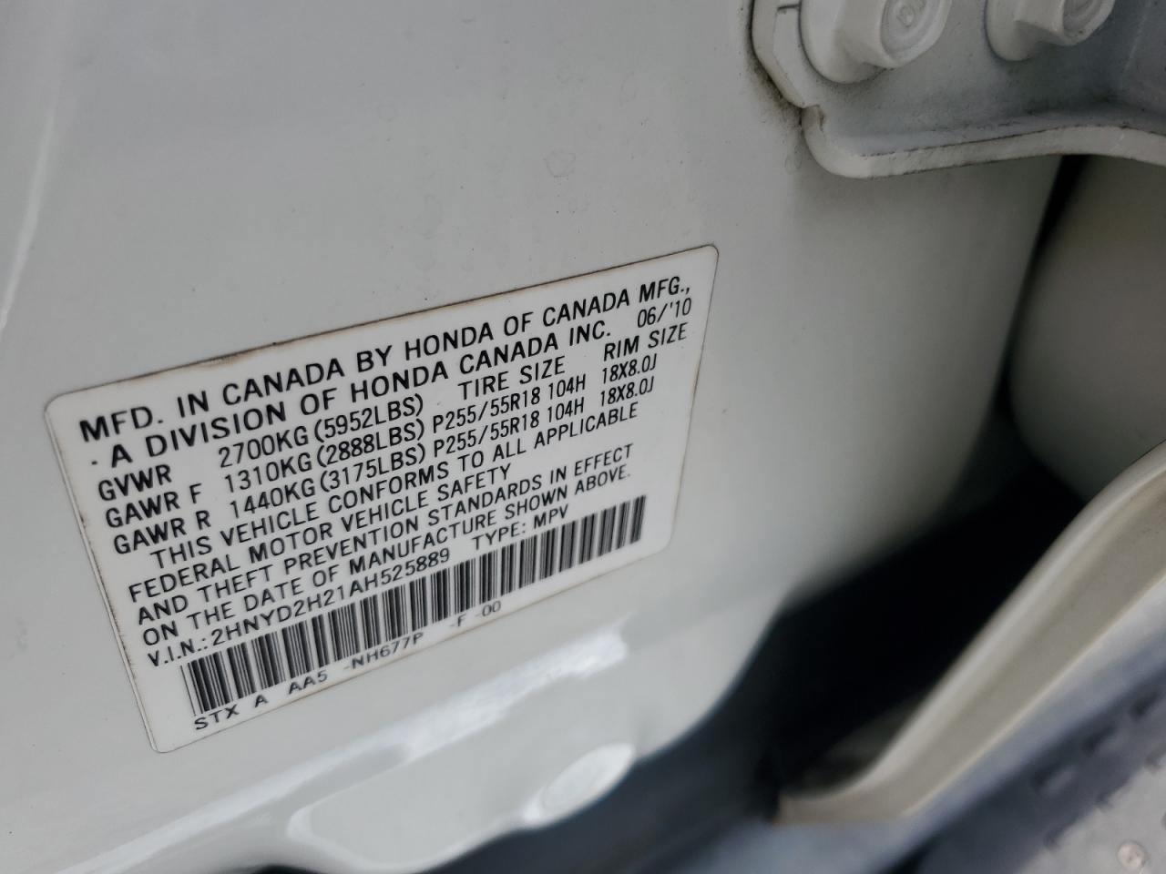 2010 Acura Mdx VIN: 2HNYD2H21AH525889 Lot: 62573825