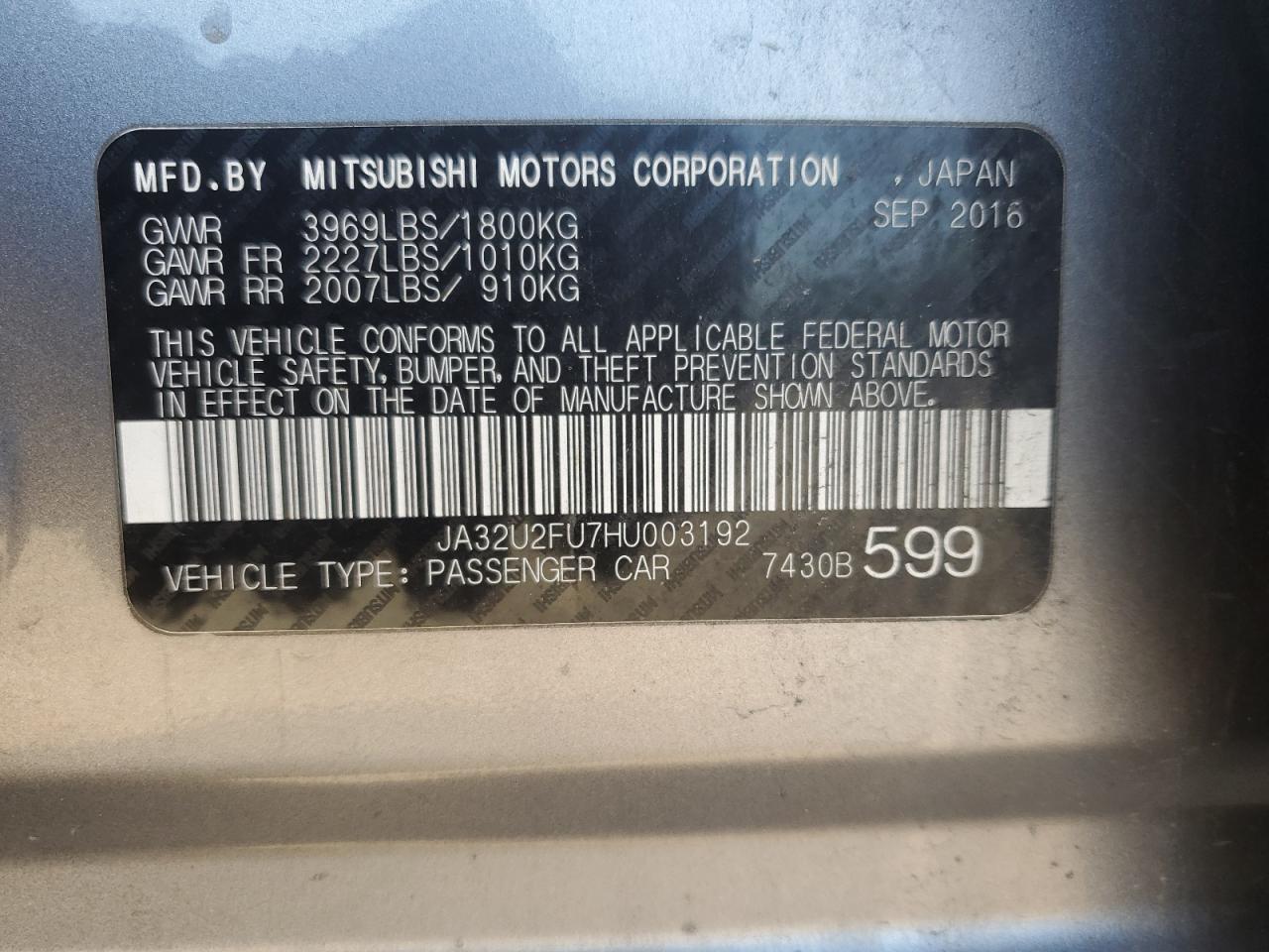 2017 Mitsubishi Lancer Es VIN: JA32U2FU7HU003192 Lot: 61949935