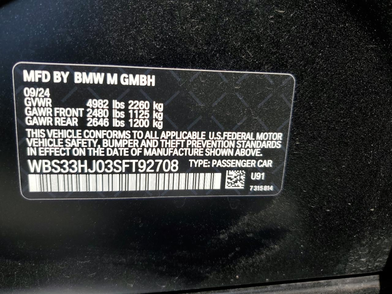 2025 BMW M3 Competition VIN: WBS33HJ03SFT92708 Lot: 61664945