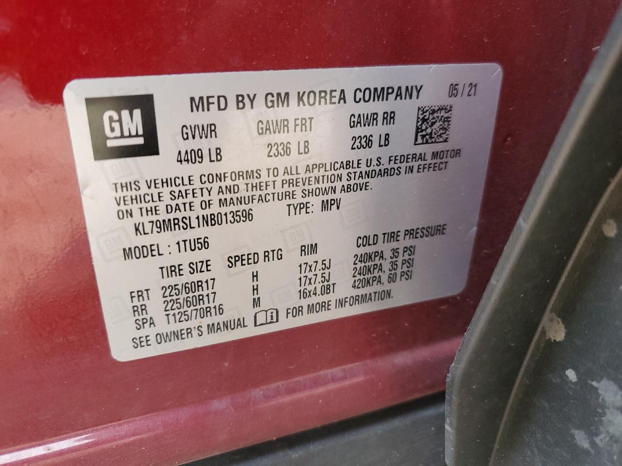 2022 Chevrolet Trailblazer Lt VIN: KL79MRSL1NB013596 Lot: 58486875