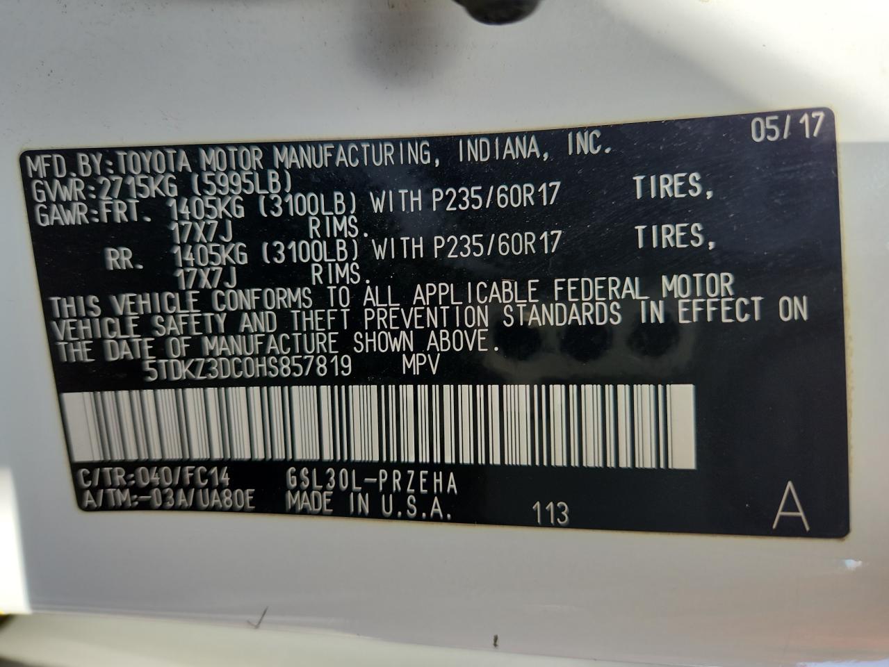 2017 Toyota Sienna Le VIN: 5TDKZ3DC0HS857819 Lot: 62381135