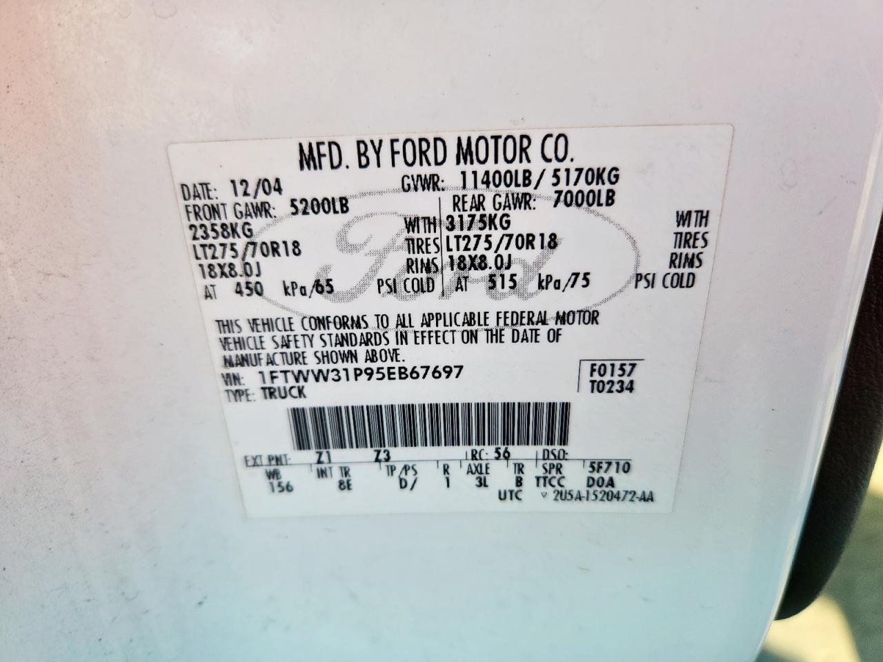 2005 Ford F350 Srw Super Duty VIN: 1FTWW31P95EB67697 Lot: 62560925