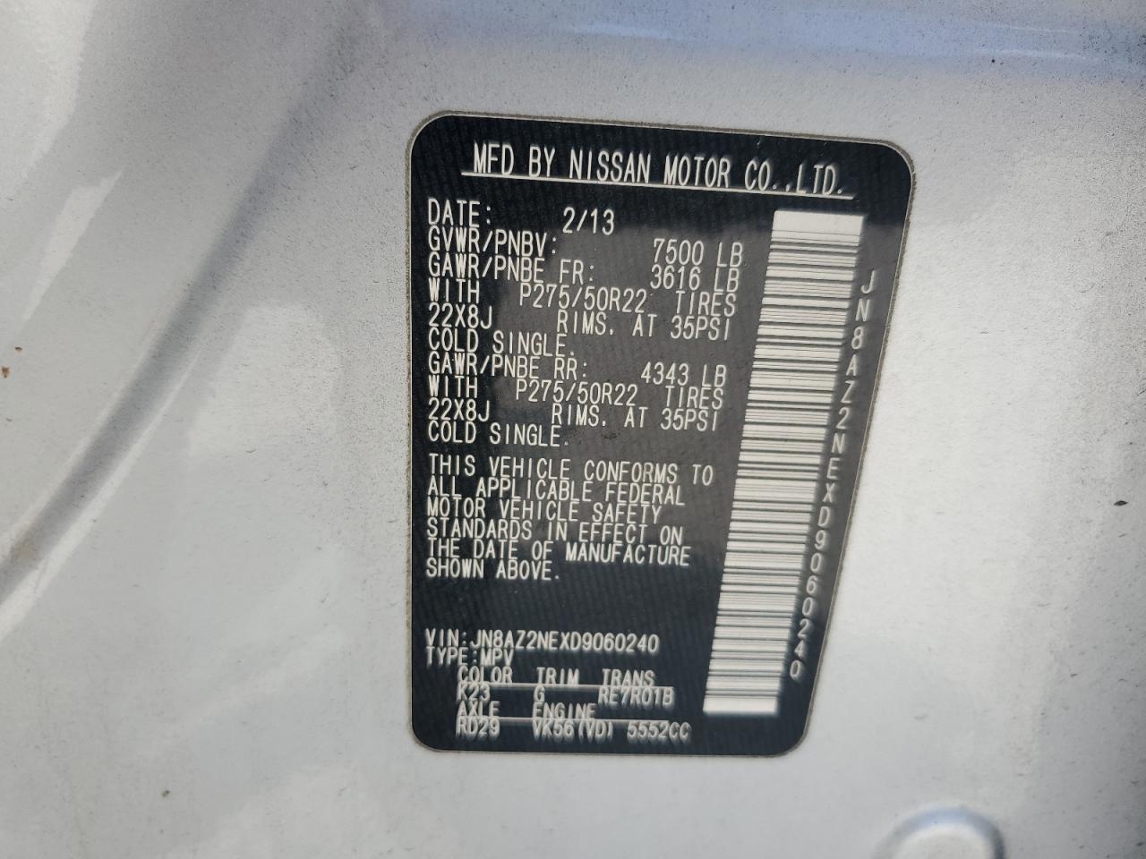 2013 Infiniti Qx56 VIN: JN8AZ2NEXD9060240 Lot: 61932725