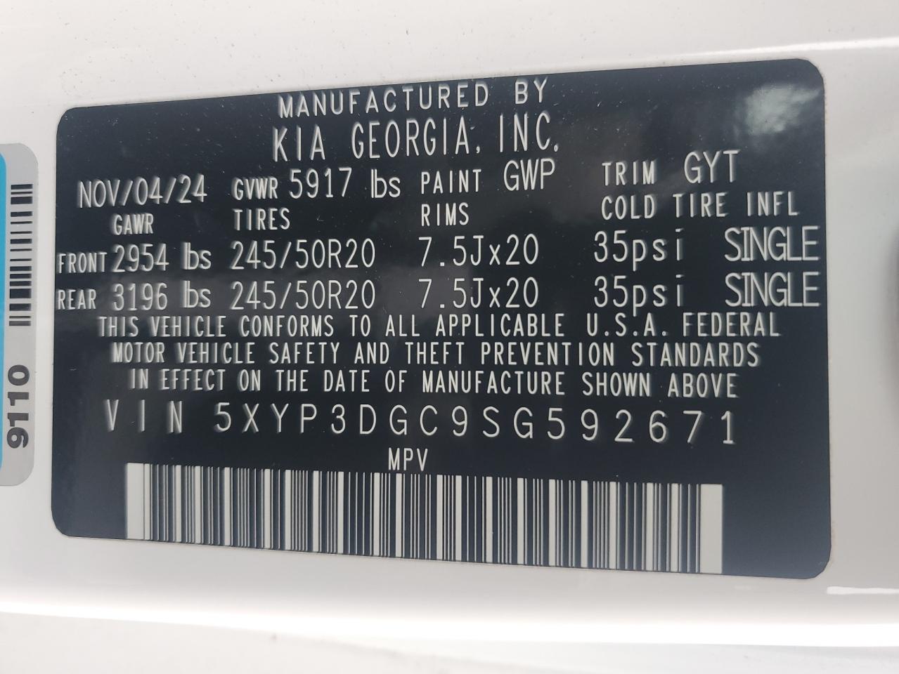 2025 Kia Telluride Ex VIN: 5XYP3DGC9SG592671 Lot: 61549275