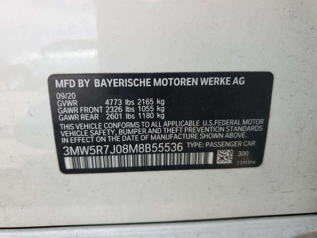 2021 BMW 330Xi VIN: 3MW5R7J08M8B55536 Lot: 61177535