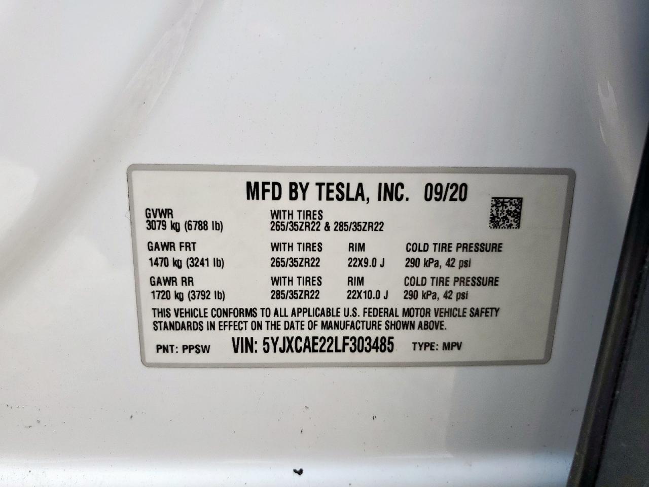 2020 Tesla Model X VIN: 5YJXCAE22LF303485 Lot: 61007095