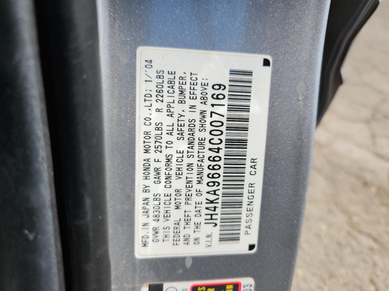 2004 Acura 3.5Rl VIN: JH4KA96664C007169 Lot: 61241685