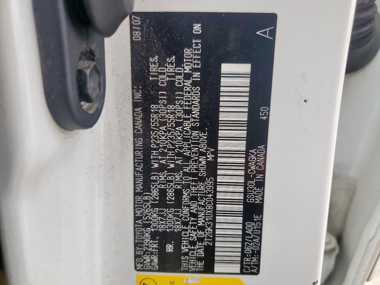 2008 Lexus Rx 350 VIN: 2T2GK31UX8C043995 Lot: 60682565