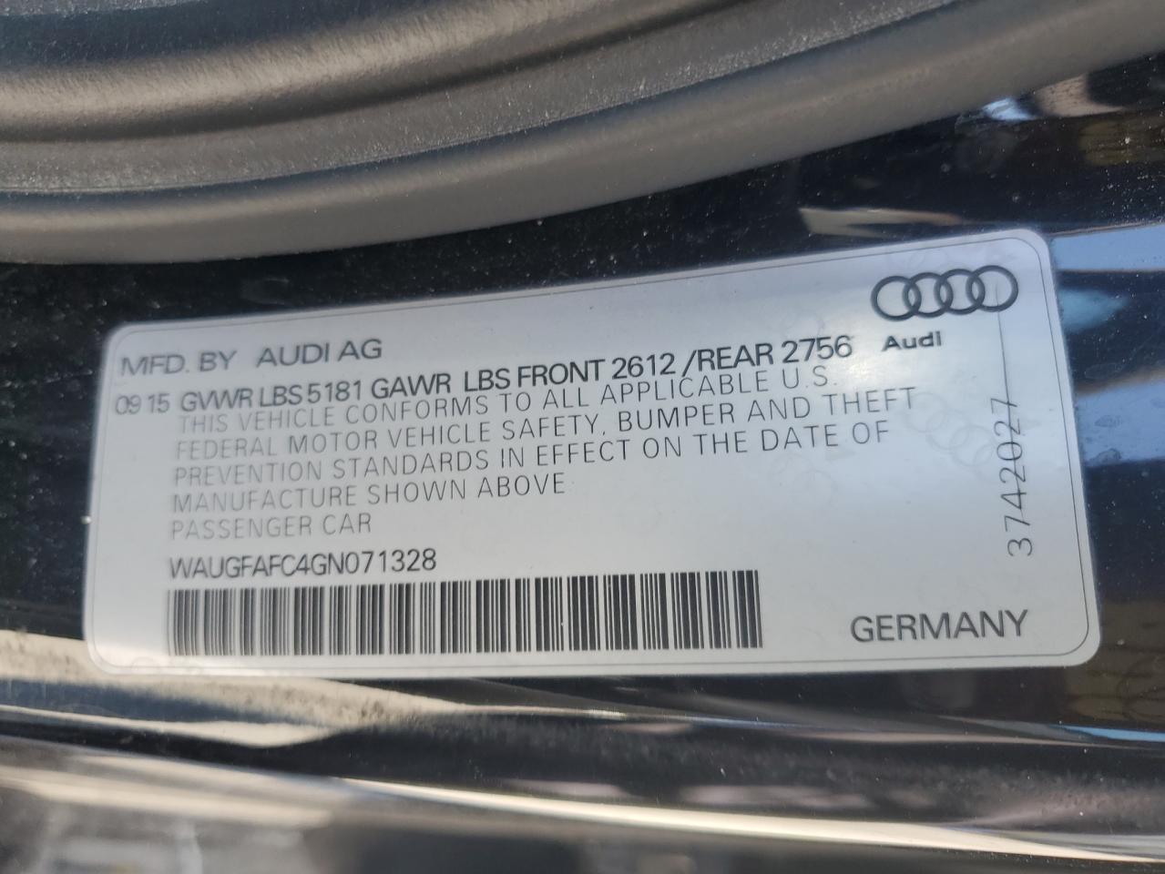 2016 Audi A6 Premium Plus VIN: WAUGFAFC4GN071328 Lot: 60927905