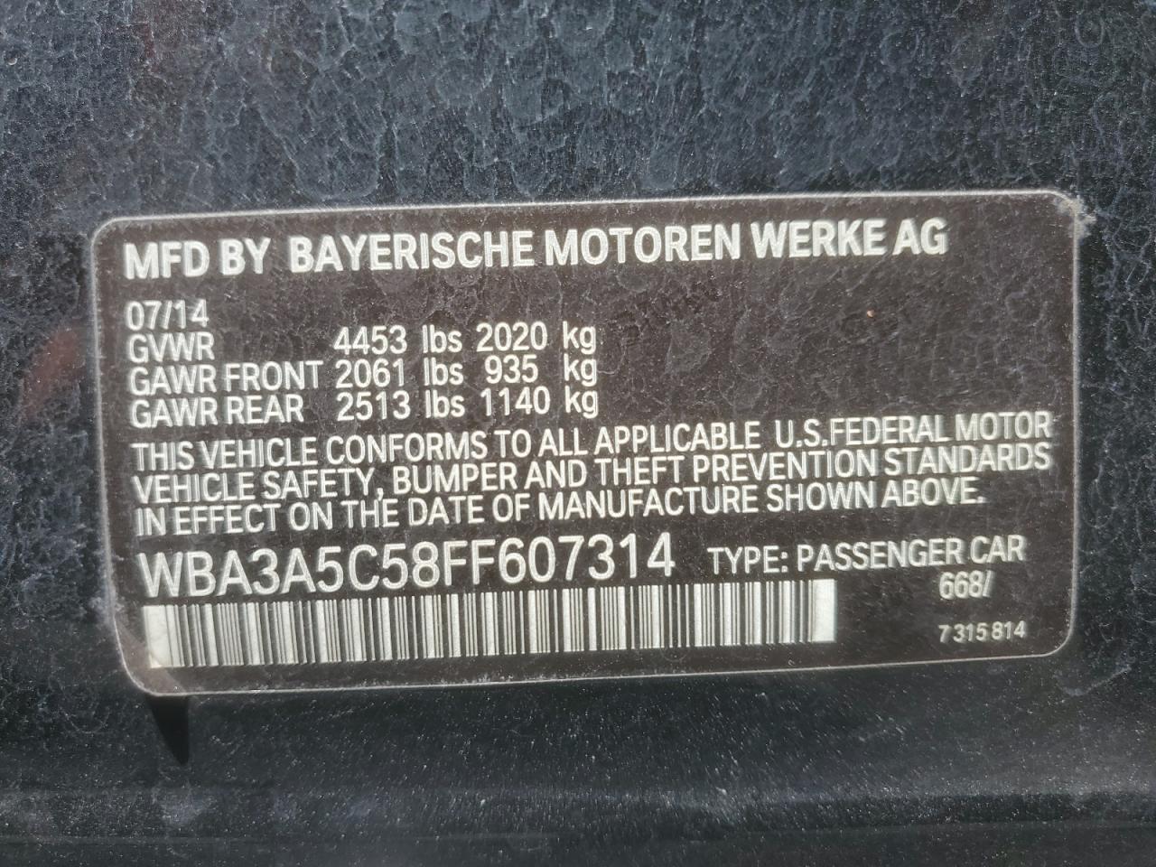 BMW 3 SERIES 2015 VIN WBA3A5C58FF607314 photo 12