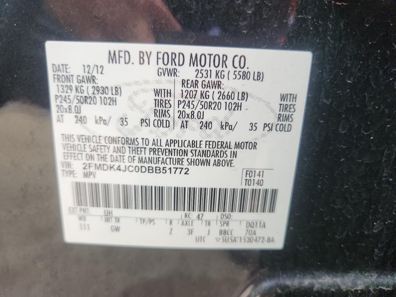 2013 Ford Edge Sel VIN: 2FMDK4JC0DBB51772 Lot: 62852095