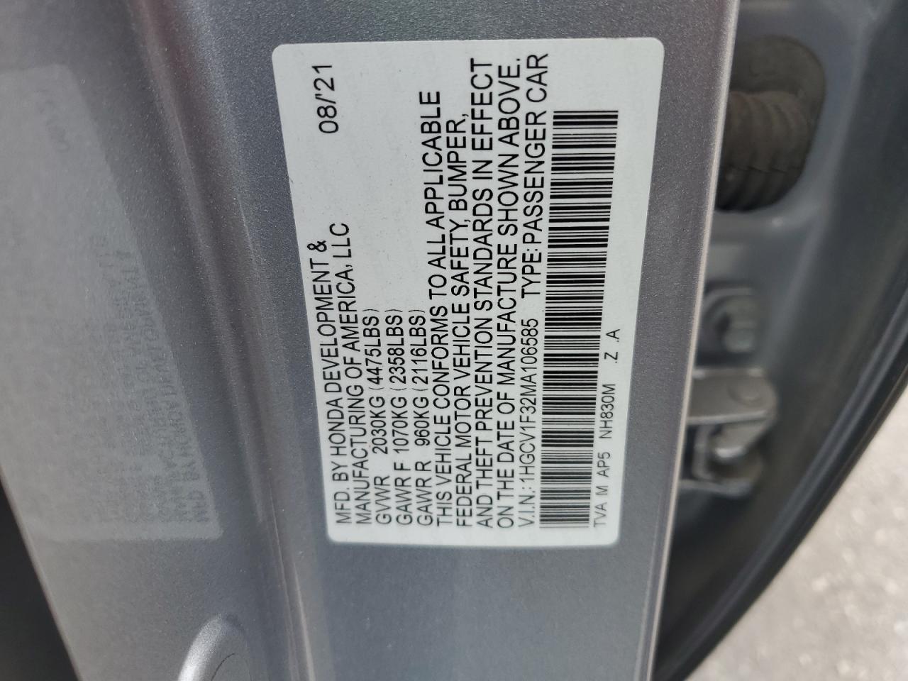 2021 Honda Accord Sport VIN: 1HGCV1F32MA106585 Lot: 60492195