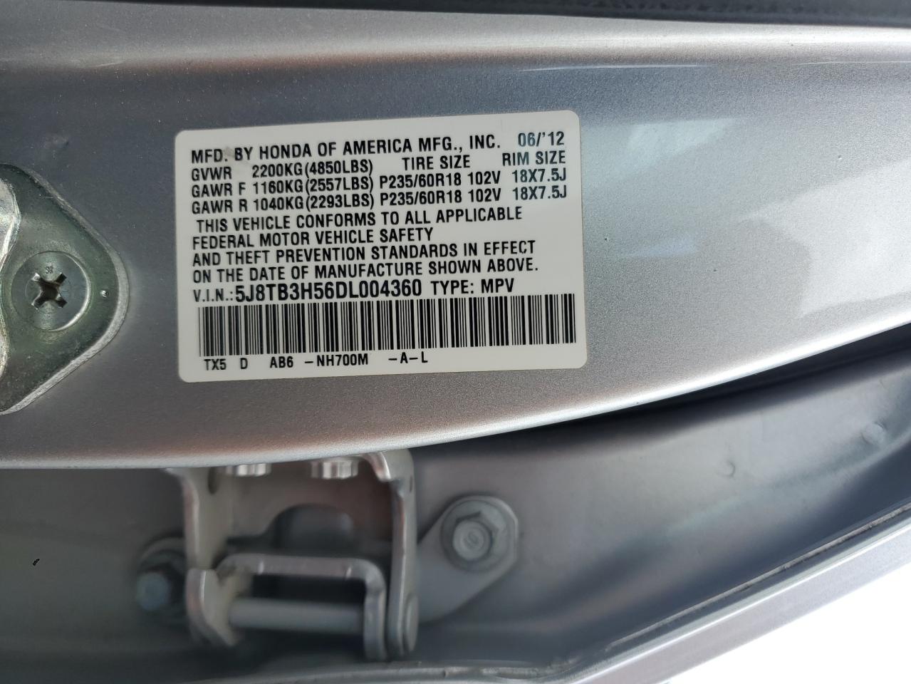 2013 Acura Rdx Technology VIN: 5J8TB3H56DL004360 Lot: 61061835