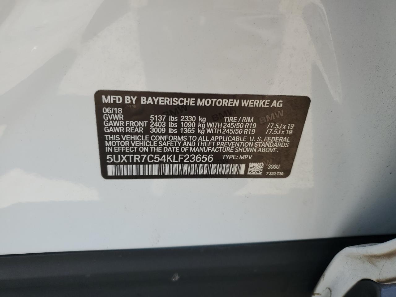 2019 BMW X3 Sdrive30I VIN: 5UXTR7C54KLF23656 Lot: 93776035