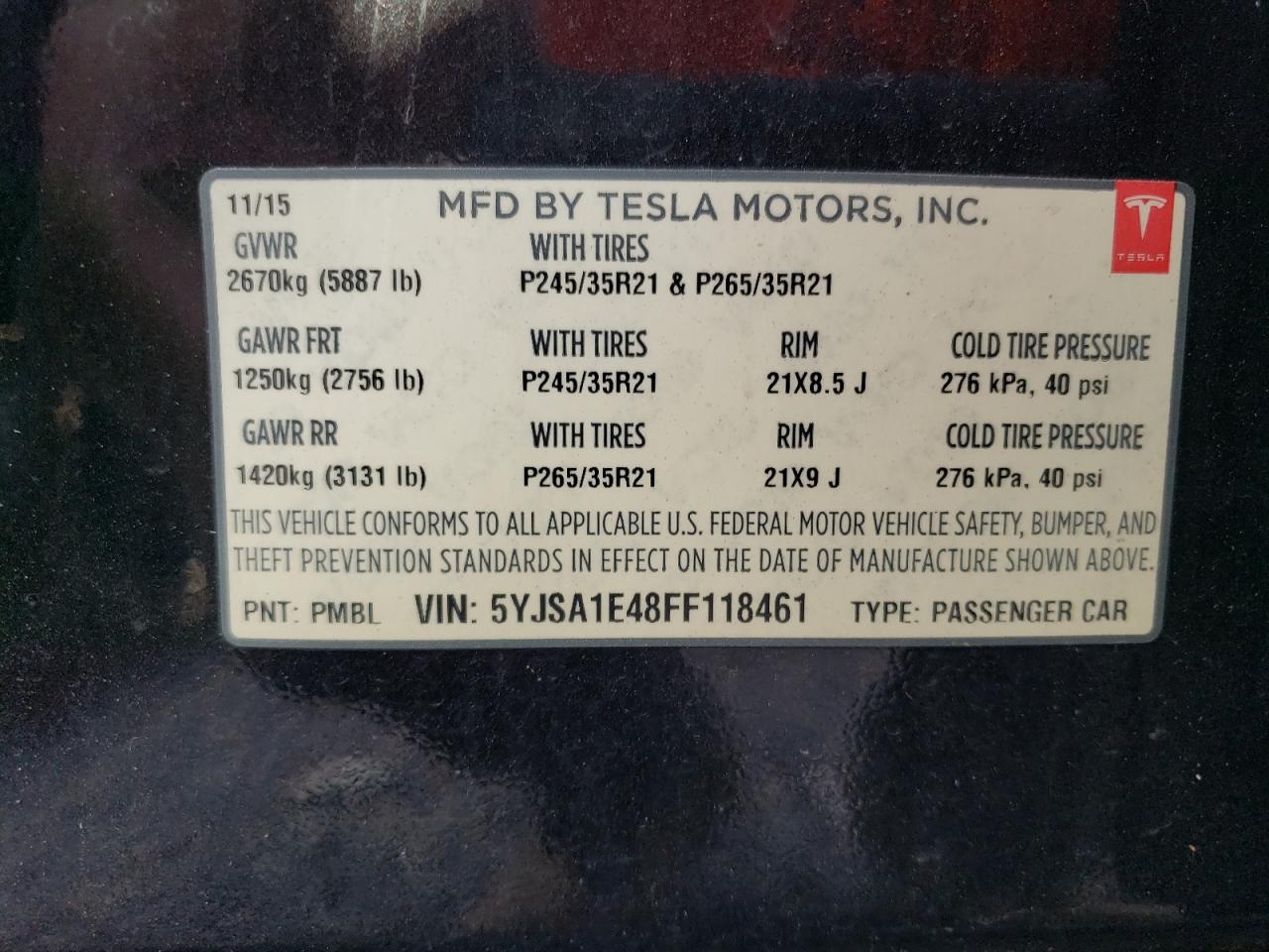 2015 Tesla Model S VIN: 5YJSA1E48FF118461 Lot: 61833915