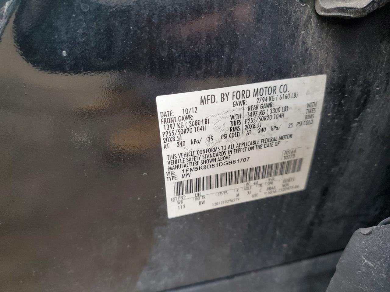 2013 Ford Explorer Xlt VIN: 1FM5K8D81DGB61707 Lot: 62319475