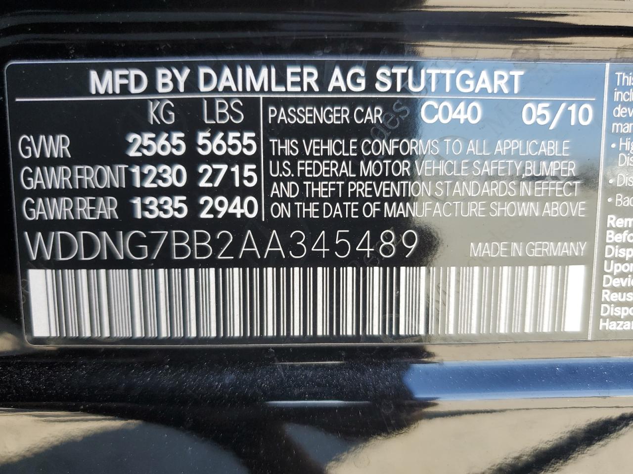 2010 Mercedes-Benz S 550 VIN: WDDNG7BB2AA345489 Lot: 62427105
