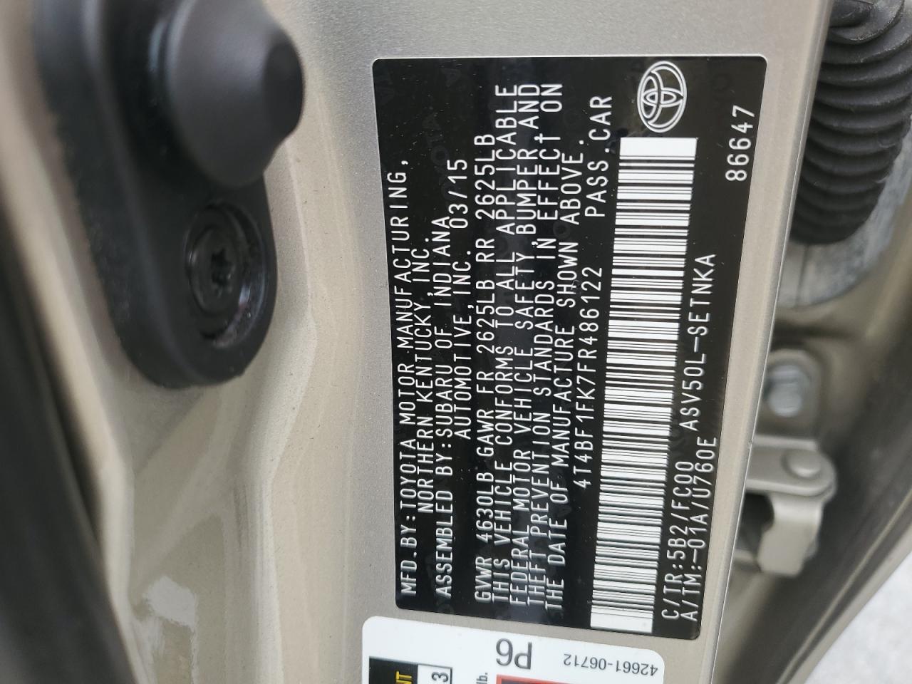 2015 Toyota Camry Le VIN: 4T4BF1FK7FR486122 Lot: 61187135