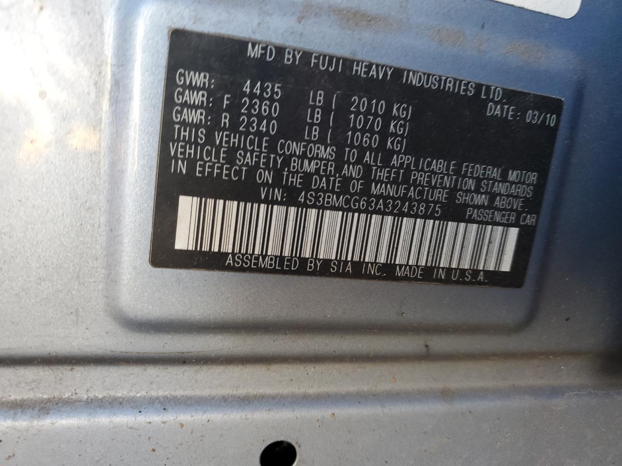 2010 Subaru Legacy 2.5I Premium VIN: 4S3BMCG63A3243875 Lot: 61212735