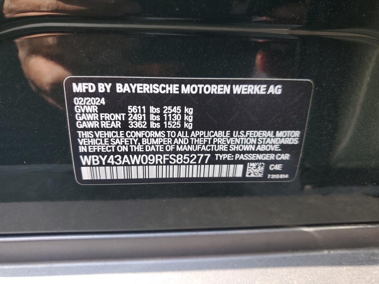 2024 BMW I4 Edrive 35 VIN: WBY43AW09RFS85277 Lot: 59386055