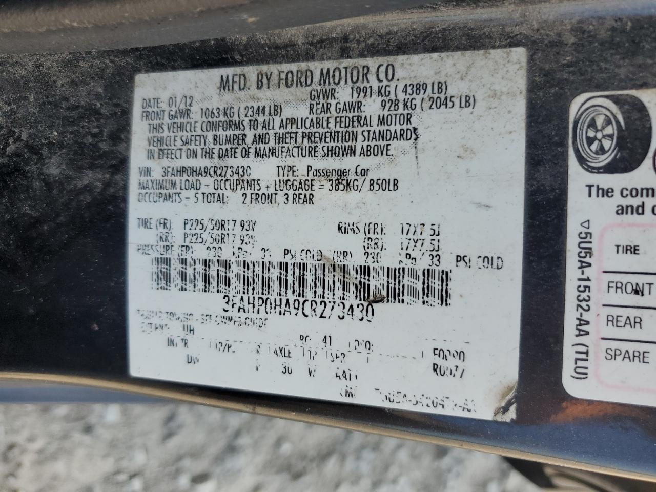 2012 Ford Fusion Se VIN: 3FAHP0HA9CR273430 Lot: 62766575