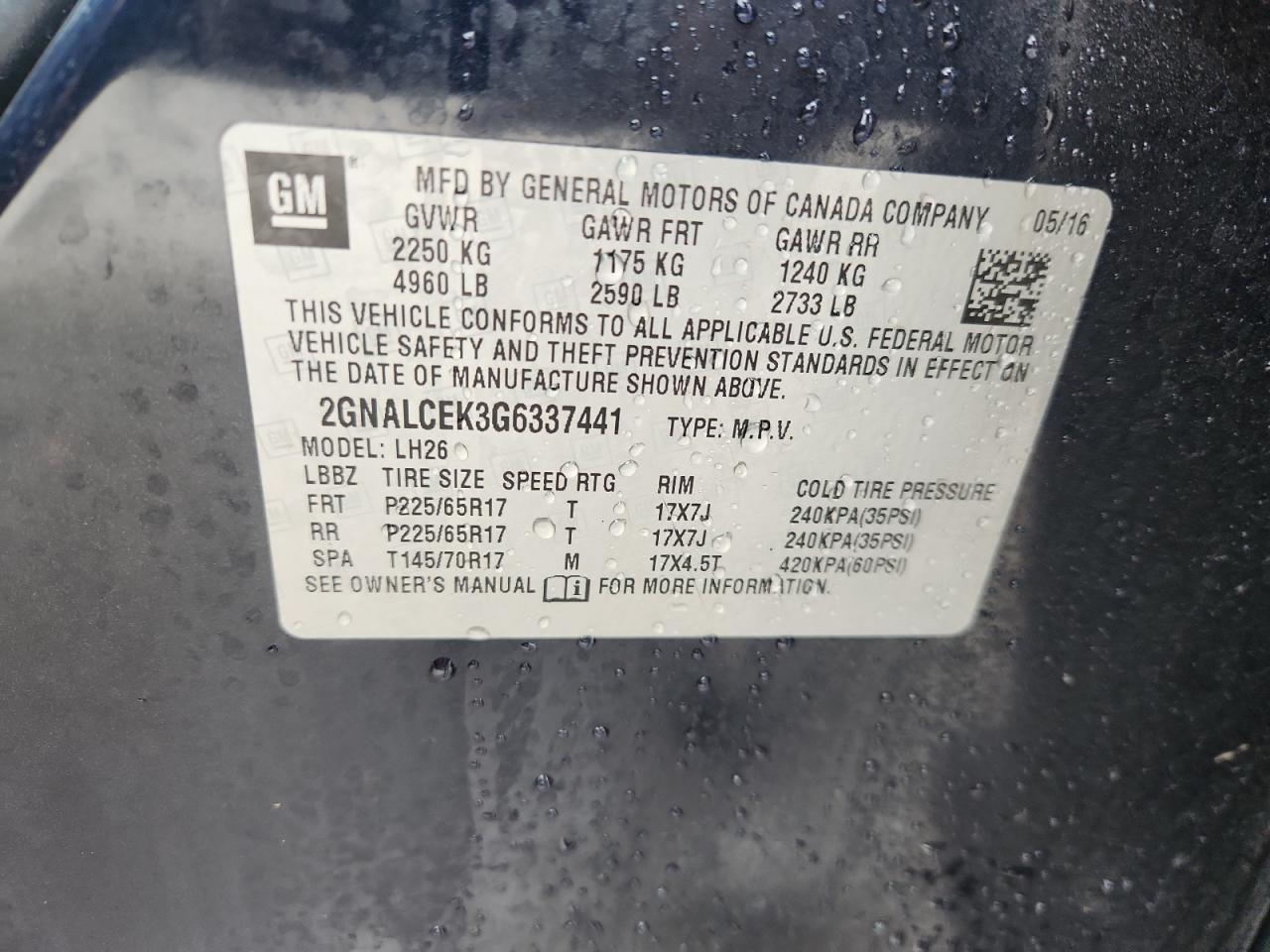 2016 Chevrolet Equinox Lt VIN: 2GNALCEK3G6337441 Lot: 62371785