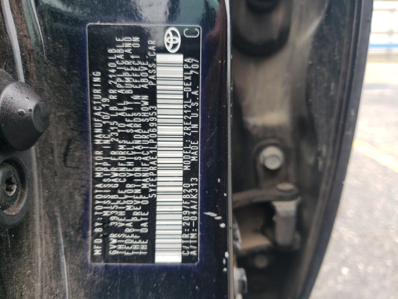 2020 Toyota Corolla Le VIN: 5YFEPRAE1LP069953 Lot: 62771875