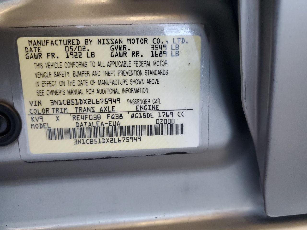 2002 Nissan Sentra Xe VIN: 3N1CB51DX2L675949 Lot: 63123715