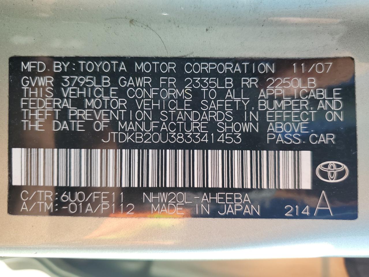 TOYOTA PRIUS 2008 VIN JTDKB20U383341453 zdjęcie 12