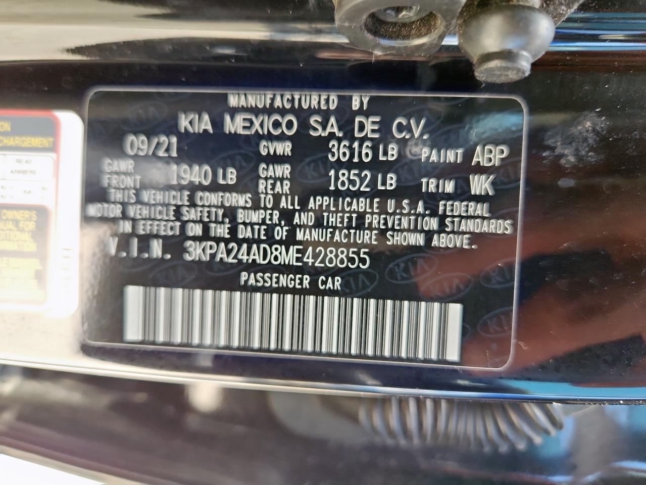 2021 Kia Rio Lx VIN: 3KPA24AD8ME428855 Lot: 62709535