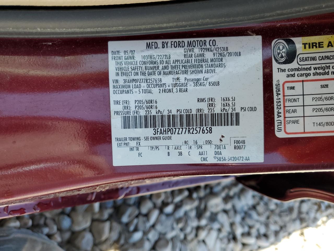 2007 Ford Fusion Se VIN: 3FAHP07Z77R257658 Lot: 60320235