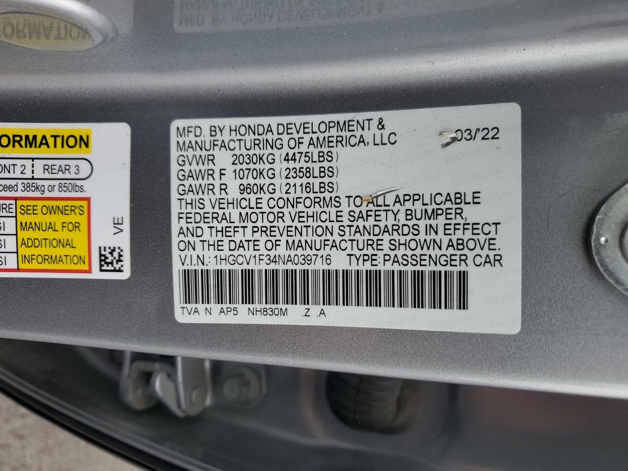 2022 Honda Accord Sport VIN: 1HGCV1F34NA039716 Lot: 59604985