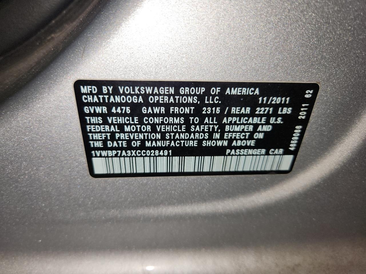 2012 Volkswagen Passat Se VIN: 1VWBP7A3XCC028491 Lot: 62273405