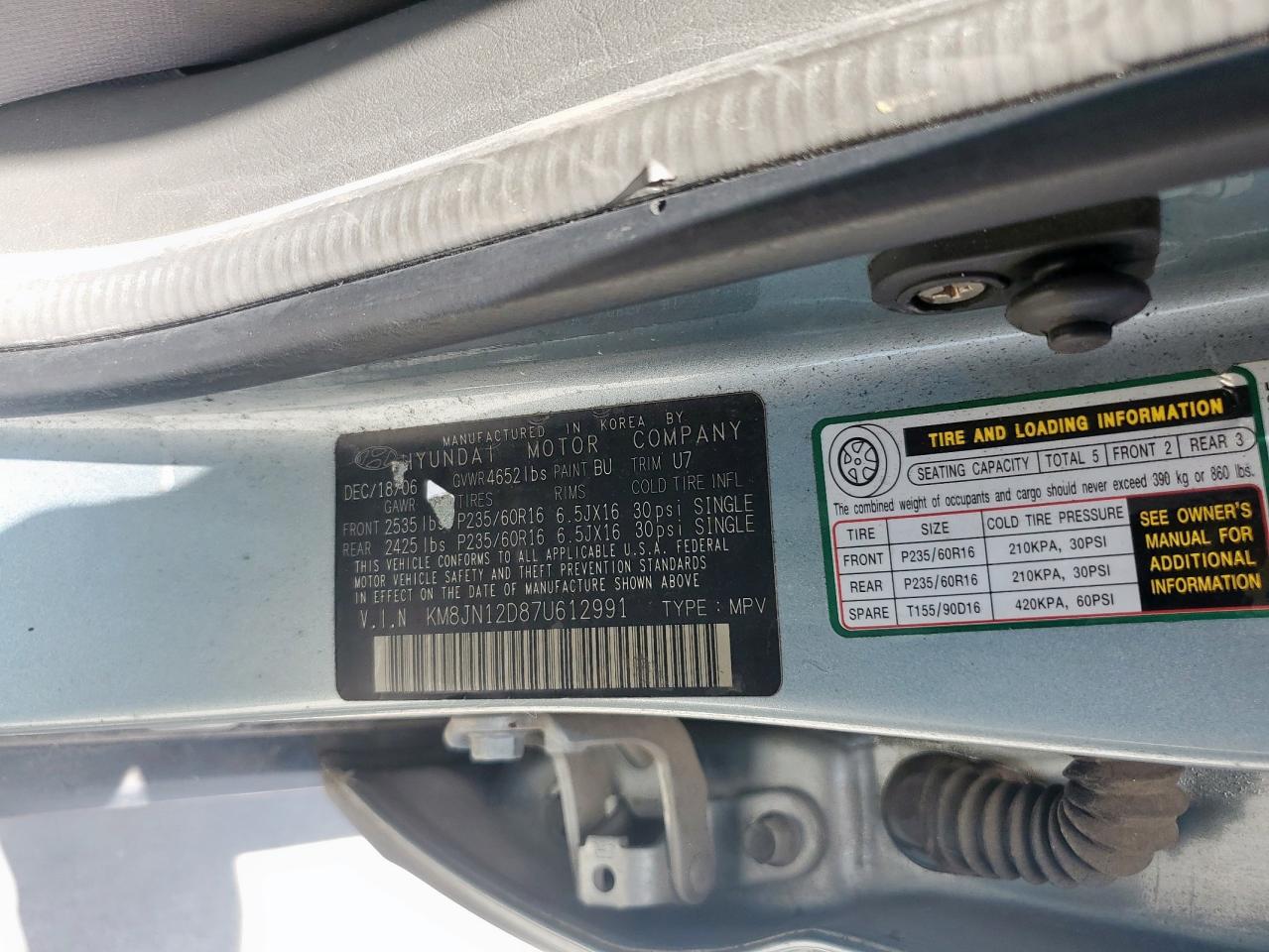 2007 Hyundai Tucson Se VIN: KM8JN12D87U612991 Lot: 62695105