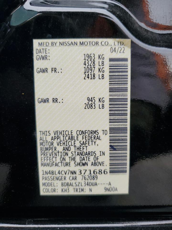 2022 Nissan Altima Sr VIN: 1N4BL4CV7NN371686 Lot: 62532585