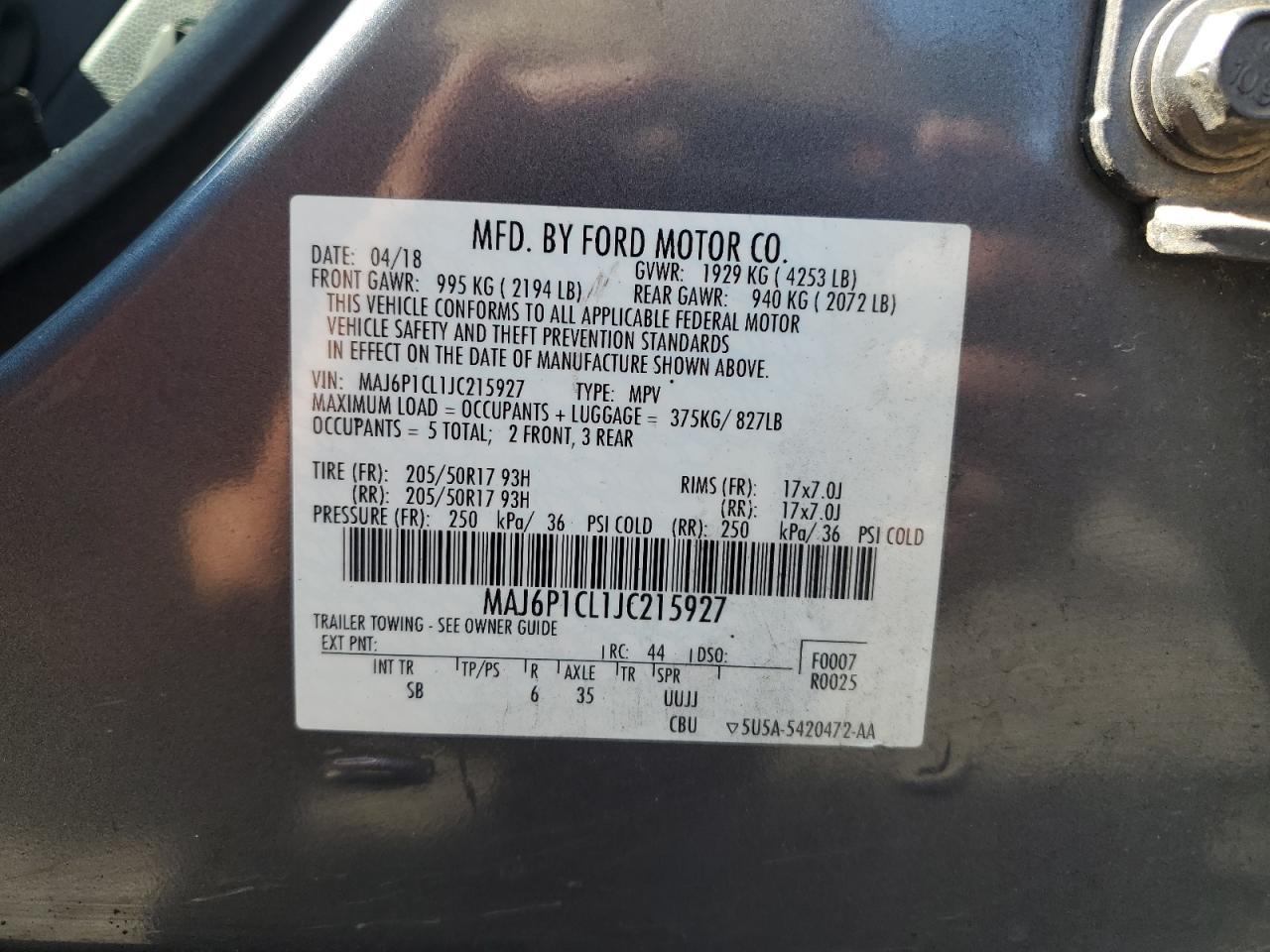 2018 Ford Ecosport Ses VIN: MAJ6P1CL1JC215927 Lot: 62793515